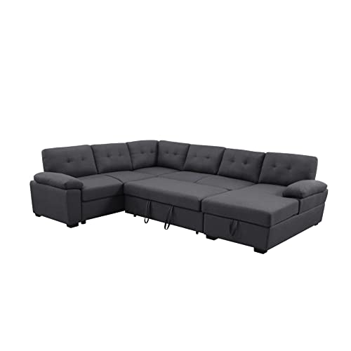 Alexent 5-Seat Modern Fabric Sleeper Sectional Sofa Bed with Pull-Out Bed with Storage Chaise Lounge in Dark Gray Color for Space Saving on Apartment, Living Room, Home Office, Guest Room