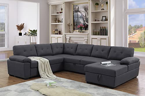 Alexent 5-Seat Modern Fabric Sleeper Sectional Sofa Bed with Pull-Out Bed with Storage Chaise Lounge in Dark Gray Color for Space Saving on Apartment, Living Room, Home Office, Guest Room