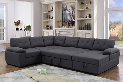 Alexent 5-Seat Modern Fabric Sleeper Sectional Sofa Bed with Pull-Out Bed with Storage Chaise Lounge in Dark Gray Color for Space Saving on Apartment, Living Room, Home Office, Guest Room