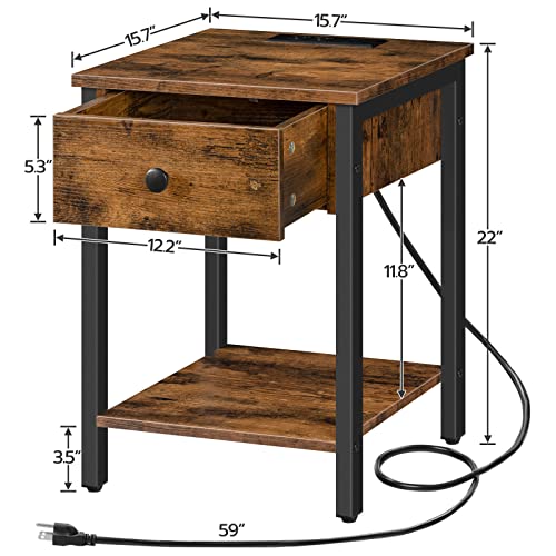 HOOBRO Nightstand, End Table with Charging Station and USB Ports, Side Table with Drawer and Storage Shelf, Bedside Table for Small Spaces and Bedroom, Rustic Brown BF401BZ01