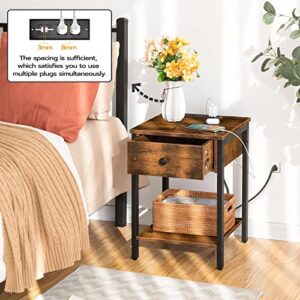 HOOBRO Nightstand, End Table with Charging Station and USB Ports, Side Table with Drawer and Storage Shelf, Bedside Table for Small Spaces and Bedroom, Rustic Brown BF401BZ01