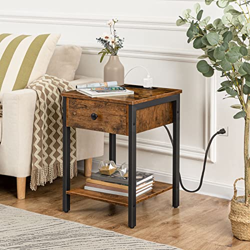 HOOBRO Nightstand, End Table with Charging Station and USB Ports, Side Table with Drawer and Storage Shelf, Bedside Table for Small Spaces and Bedroom, Rustic Brown BF401BZ01