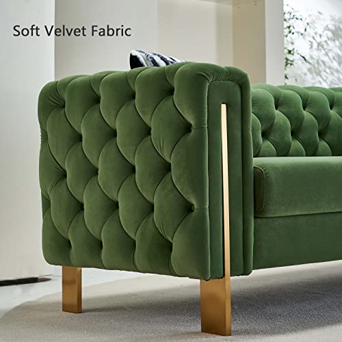 Dolonm Modern Velvet Sofa for Living Room, 84 Inches Long Tufted Couch Upholstered Sofa with 2 Pillows High Arm and Metal Legs Decor Furniture for Bedroom, Office (Turquoise)