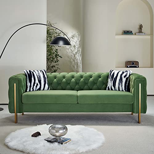 Dolonm Modern Velvet Sofa for Living Room, 84 Inches Long Tufted Couch Upholstered Sofa with 2 Pillows High Arm and Metal Legs Decor Furniture for Bedroom, Office (Turquoise)