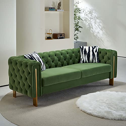 Dolonm Modern Velvet Sofa for Living Room, 84 Inches Long Tufted Couch Upholstered Sofa with 2 Pillows High Arm and Metal Legs Decor Furniture for Bedroom, Office (Turquoise)