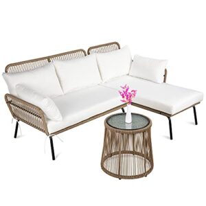 best choice products outdoor rope woven sectional patio furniture l-shaped conversation sofa set for backyard, porch w/thick cushions, detachable lounger, side table – white