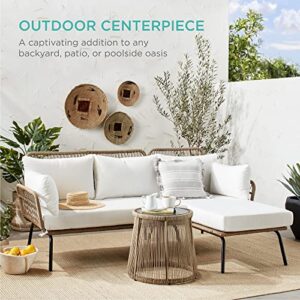 Best Choice Products Outdoor Rope Woven Sectional Patio Furniture L-Shaped Conversation Sofa Set for Backyard, Porch w/Thick Cushions, Detachable Lounger, Side Table - White