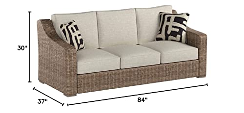 Signature Design by Ashley Beachcroft Outdoor Wicker Patio Sofa with Cushion and 2 Pillows, Beige, Light Gray