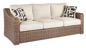 signature design by ashley beachcroft outdoor wicker patio sofa with cushion and 2 pillows, beige, light gray