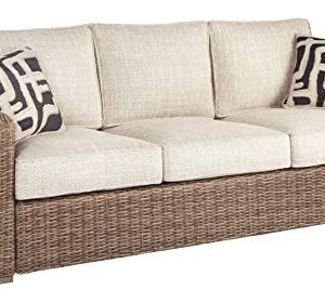 Signature Design by Ashley Beachcroft Outdoor Wicker Patio Sofa with Cushion and 2 Pillows, Beige, Light Gray