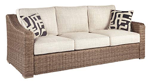 Signature Design by Ashley Beachcroft Outdoor Wicker Patio Sofa with Cushion and 2 Pillows, Beige, Light Gray