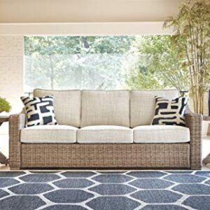 Signature Design by Ashley Beachcroft Outdoor Wicker Patio Sofa with Cushion and 2 Pillows, Beige, Light Gray