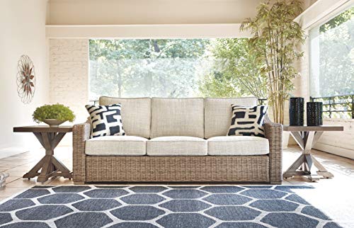 Signature Design by Ashley Beachcroft Outdoor Wicker Patio Sofa with Cushion and 2 Pillows, Beige, Light Gray