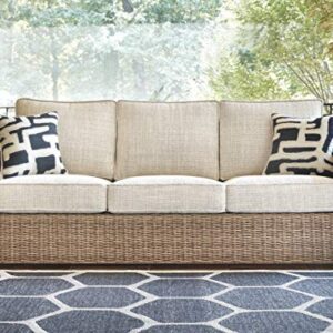 Signature Design by Ashley Beachcroft Outdoor Wicker Patio Sofa with Cushion and 2 Pillows, Beige, Light Gray