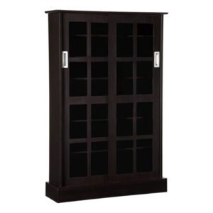 atlantic windowpane media storage cabinet with tempered glass pane styled sliding doors, holds cd, dvd or blu-ray media, collectables or memorabilia, pn 94835721 in espresso