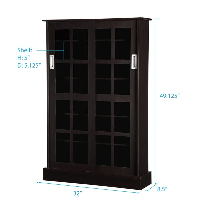 Atlantic Windowpane Media Storage Cabinet with Tempered Glass Pane Styled Sliding Doors, Holds CD, DVD or Blu-ray Media, Collectables or Memorabilia, PN 94835721 in Espresso