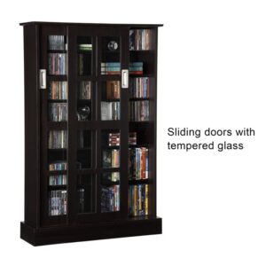 Atlantic Windowpane Media Storage Cabinet with Tempered Glass Pane Styled Sliding Doors, Holds CD, DVD or Blu-ray Media, Collectables or Memorabilia, PN 94835721 in Espresso