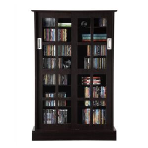 Atlantic Windowpane Media Storage Cabinet with Tempered Glass Pane Styled Sliding Doors, Holds CD, DVD or Blu-ray Media, Collectables or Memorabilia, PN 94835721 in Espresso