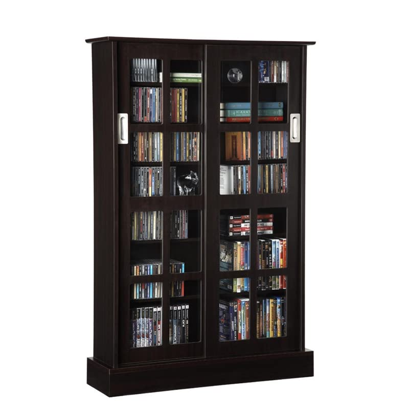 Atlantic Windowpane Media Storage Cabinet with Tempered Glass Pane Styled Sliding Doors, Holds CD, DVD or Blu-ray Media, Collectables or Memorabilia, PN 94835721 in Espresso