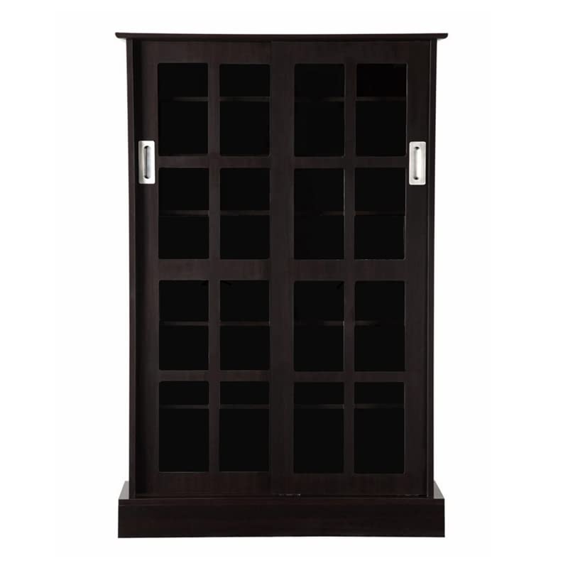 Atlantic Windowpane Media Storage Cabinet with Tempered Glass Pane Styled Sliding Doors, Holds CD, DVD or Blu-ray Media, Collectables or Memorabilia, PN 94835721 in Espresso