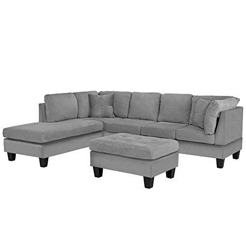 Casa Andrea Milano Modern 3 Piece Microfiber L Shaped Sectional Sofa with Reversible Chaise & Ottoman, Large, Grey