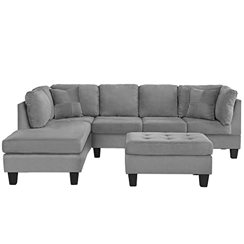 Casa Andrea Milano Modern 3 Piece Microfiber L Shaped Sectional Sofa with Reversible Chaise & Ottoman, Large, Grey