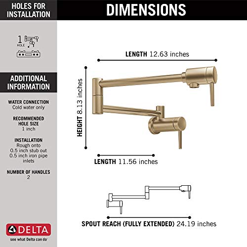 Delta Faucet Traditional Brushed Gold Pot Filler Faucet, Delta Pot Filler Gold, Farmhouse Pot Filler Faucet Wall Mount, Potfiller, Brass Construction, Champagne Bronze 1177LF-CZ