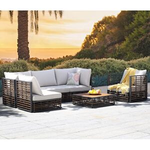 essential lounger 6 pieces sectional outdoor patio furniture set, outdoor modern rattan conversation set with olefin cushions and coffee table, wicker sofa with umbrella hole for garden, poolside