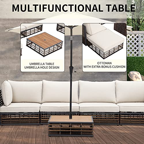 ESSENTIAL LOUNGER 6 Pieces Sectional Outdoor Patio Furniture Set, Outdoor Modern Rattan Conversation Set with Olefin Cushions and Coffee Table, Wicker Sofa with Umbrella Hole for Garden, Poolside