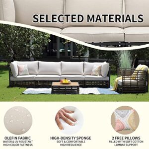 ESSENTIAL LOUNGER 6 Pieces Sectional Outdoor Patio Furniture Set, Outdoor Modern Rattan Conversation Set with Olefin Cushions and Coffee Table, Wicker Sofa with Umbrella Hole for Garden, Poolside
