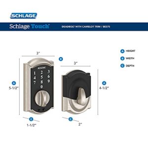 Schlage BE375 CAM 619 Touch Camelot Deadbolt, Electronic Keyless Entry Lock, Satin Nickel