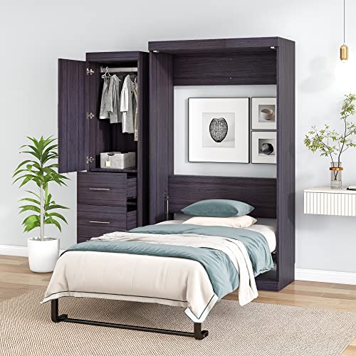 Merax Twin Size Murphy Bed with Wardrobe and 3 Storage Drawers, Pine Wood Multifunctional Storage Wall Bed, can be Folded into a Cabinet, Gray