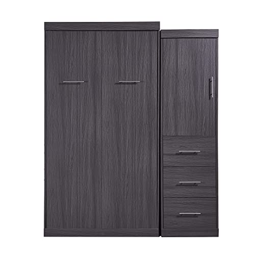 Merax Twin Size Murphy Bed with Wardrobe and 3 Storage Drawers, Pine Wood Multifunctional Storage Wall Bed, can be Folded into a Cabinet, Gray