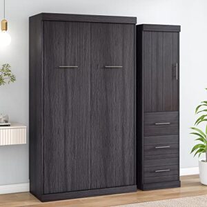 Merax Twin Size Murphy Bed with Wardrobe and 3 Storage Drawers, Pine Wood Multifunctional Storage Wall Bed, can be Folded into a Cabinet, Gray