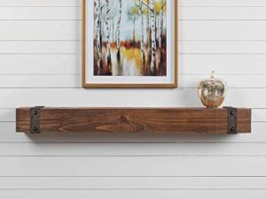 60 inch floating fireplace mantel wood shelf in rustic provincial – pinecliffe from mantels direct | wooden distressed wall shelf with bronze metal straps perfect for décor and electric fireplaces