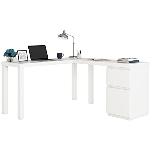Sauder Northcott White L-Shaped Desk with Drawers, White Finish