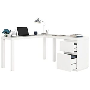 Sauder Northcott White L-Shaped Desk with Drawers, White Finish