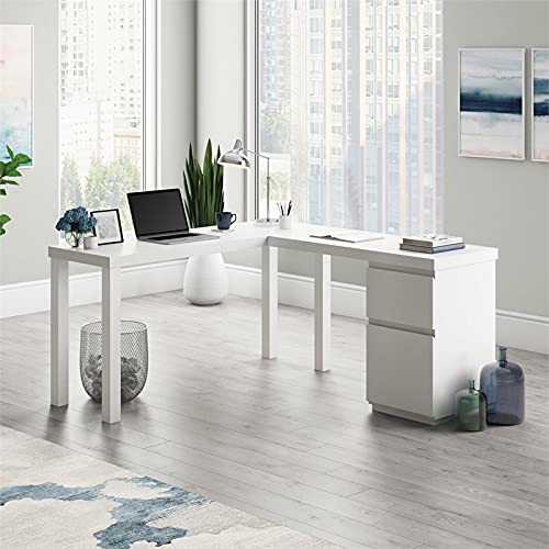 Sauder Northcott White L-Shaped Desk with Drawers, White Finish