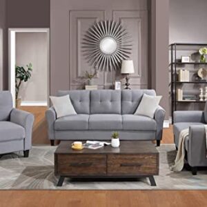 Harper & Bright Designs 3-Piece Living Room Sectional Sofa Set, Modern Style Button Tufted Linen Upholstered Armchair Loveseat Sofa and Three Seat Sofa Set Sectional Couch, Light Grey Blue