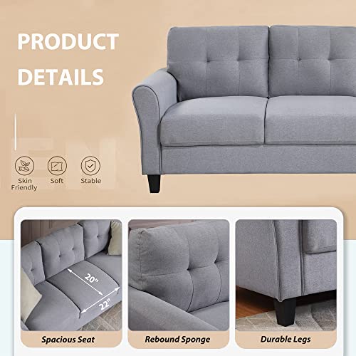 Harper & Bright Designs 3-Piece Living Room Sectional Sofa Set, Modern Style Button Tufted Linen Upholstered Armchair Loveseat Sofa and Three Seat Sofa Set Sectional Couch, Light Grey Blue