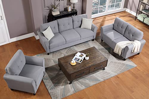 Harper & Bright Designs 3-Piece Living Room Sectional Sofa Set, Modern Style Button Tufted Linen Upholstered Armchair Loveseat Sofa and Three Seat Sofa Set Sectional Couch, Light Grey Blue