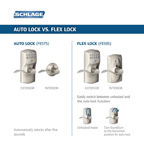 SCHLAGE Satin Nickel FE595VCAM619ACC Camelot Keypad Entry with Flex-Lock and Accent Levers