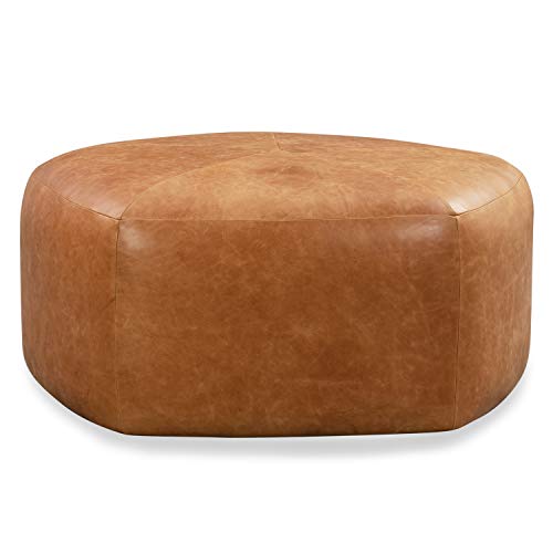 POLY & BARK Porto Modern Leather Ottoman Pouf (Cognac Tan)