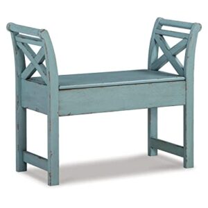 Signature Design by Ashley Heron Ridge Antique Distressed Wood Accent Bench with Storage, Blue