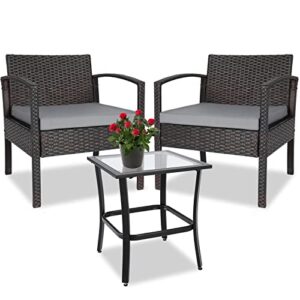 whubefy 3 pieces patio furniture set, rattan wicker bistro set table and 2 chair with washable cushion for garden poolside balcony