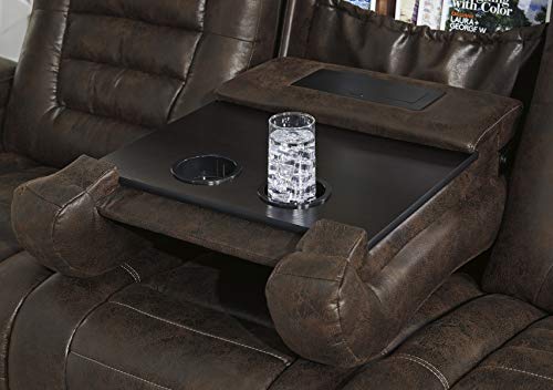 Signature Design by Ashley Game Zone Faux Leather Adjustable Power Reclining Sofa with Cup Holders and Storage, Brown