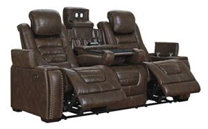 signature design by ashley game zone faux leather adjustable power reclining sofa with cup holders and storage, brown