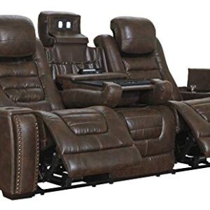 Signature Design by Ashley Game Zone Faux Leather Adjustable Power Reclining Sofa with Cup Holders and Storage, Brown