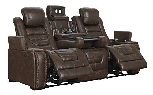 Signature Design by Ashley Game Zone Faux Leather Adjustable Power Reclining Sofa with Cup Holders and Storage, Brown