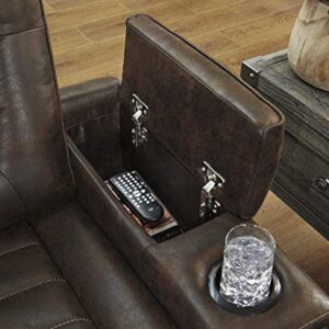 Signature Design by Ashley Game Zone Faux Leather Adjustable Power Reclining Sofa with Cup Holders and Storage, Brown